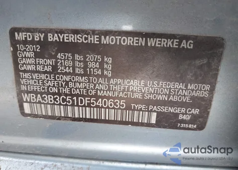 2013 BMW 328I xDrive from USA, damaged, VIN WBA3B3C51DF540635